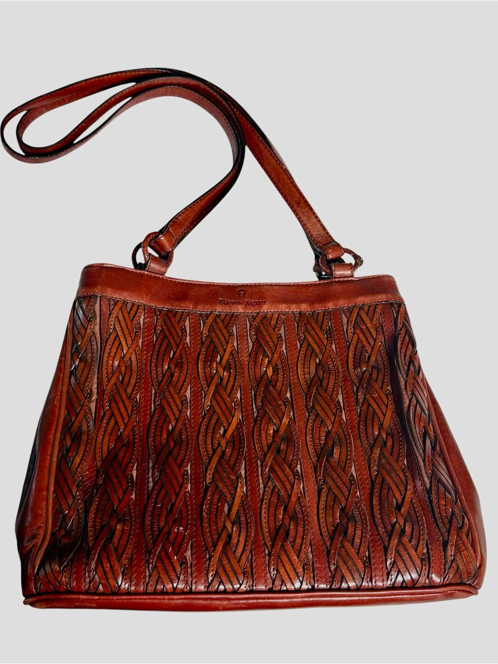 Vintage Etienne Aigner Brown Leather Woven Braided Tote Shoulder Bag - Picture 2 of 12